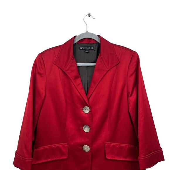 Lafayette 148 Womens Blazer Suit 3 Button 3/4 Cuffed Sleeves Lined Satin Red 10 - Picture 2 of 6